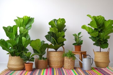Fiddle Leaf Fig Plants in Terracotta Pots and Woven Baskets on Colorful Rug