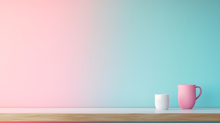 A serene tabletop scene featuring a white mug and a pink pitcher against a soft gradient background.