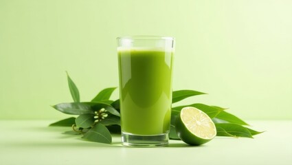 Moringa Juice. Glass of fresh green juice with lime and leaves, healthy detox drink for wellness and nutrition, natural vitamin C boost, refreshing summer beverage on light green background, clean an
