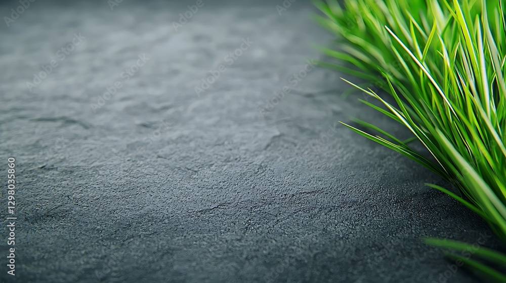 Poster a close-up view of a textured black surface adjacent to vibrant green grass, showcasing a contrast b