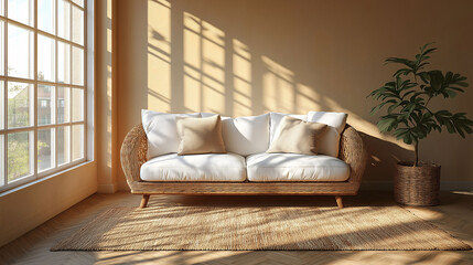 a warm and inviting sunny living room featuring a stylish rattan sofa, a natural jute rug, and a lush houseplant. This cozy space blends modern comfort with organic textures for a serene atmosphere.