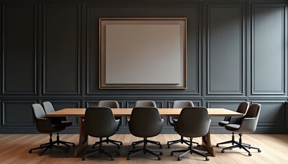 Modern interior design of conference room with mock up copy space for advertising poster or logo. Spacious office hall with wooden floor, dark wall, table and chairs for business metings.