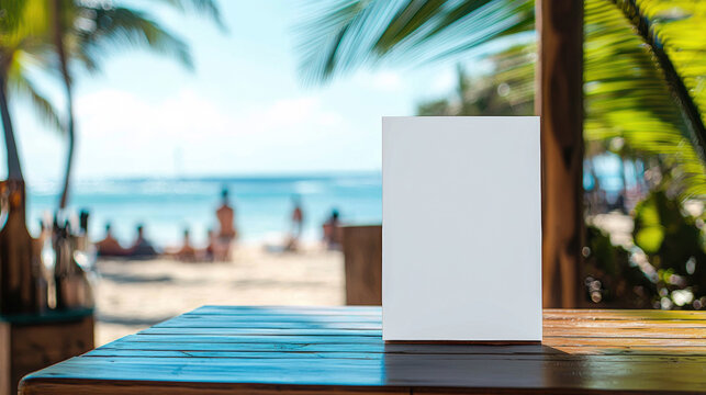 A blank white cafe menu mockup standing on a wooden table, with a tropical beach in the background, blurred people enjoying the ocean view
