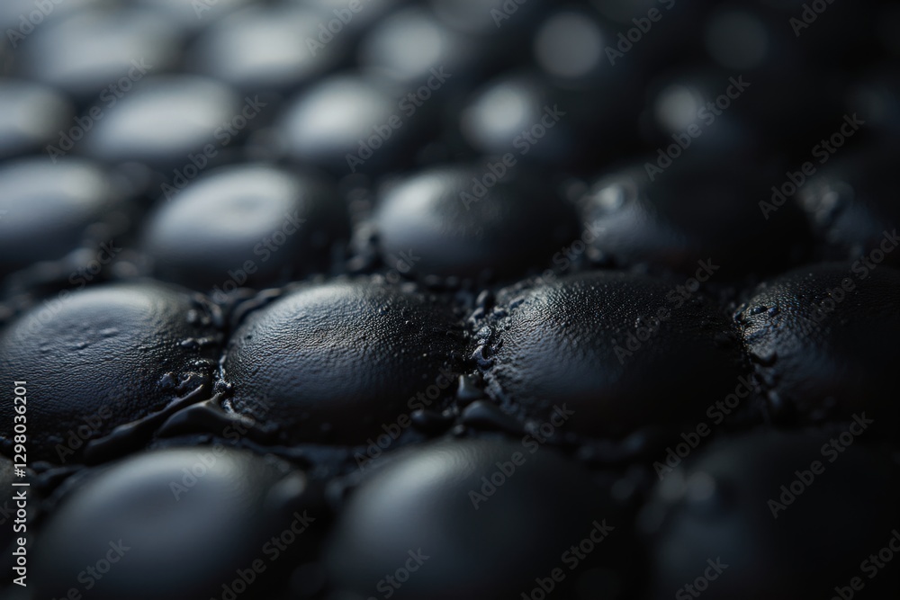 Poster close-up view of textured black surface with circular patterns reflecting light, showcasing the intr