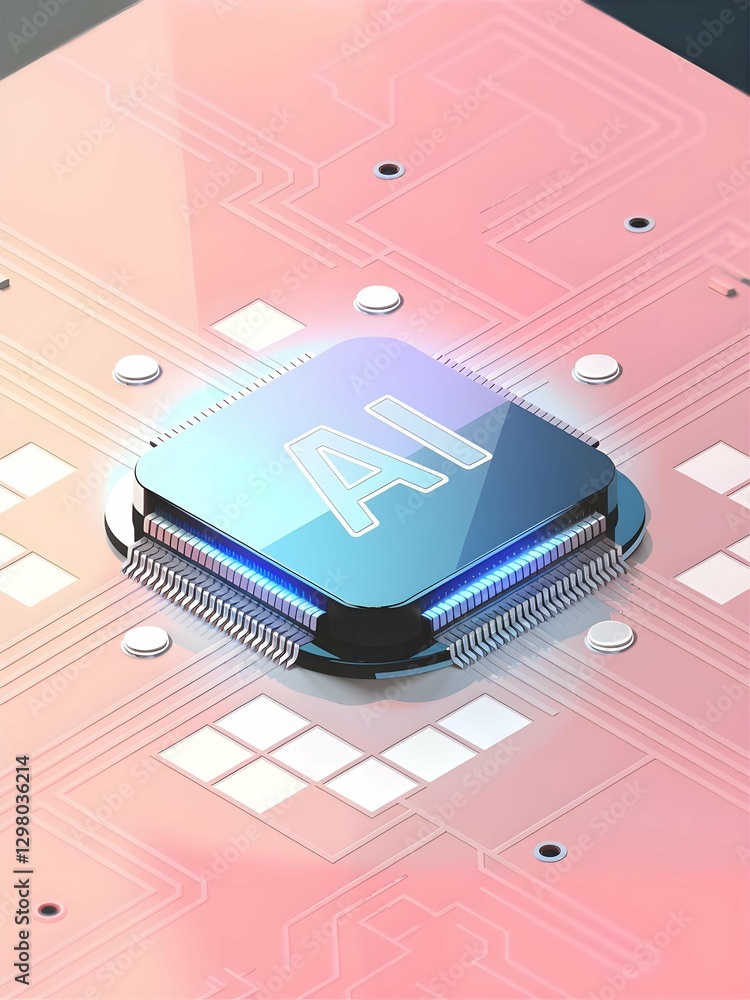 Poster a close-up of an ai chip on a circuit board, showcasing artificial intelligence technology with a fu