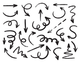 Black crayon arrow collection with curved and straight, spiral and zigzag, circular, wavy directional pointers. Vector hand drawn brush stroke for presentation, infographics or educational materials.