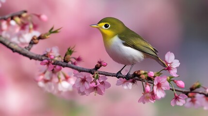Obraz premium Charming Japanese White eye perched on a delicate cherry blossom branch its bright yellow green feathers glowing against the soft pink petals