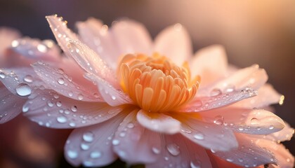 Fototapeta premium Macro pastel flower petals with dewdrops, gently lit by soft natural morning light. Delicate and serene. Ideal for spring, nature, and gentle backgrounds