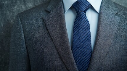 A close-up of a tailored suit featuring a textured blazer and a blue tie, conveying elegance and professionalism.
