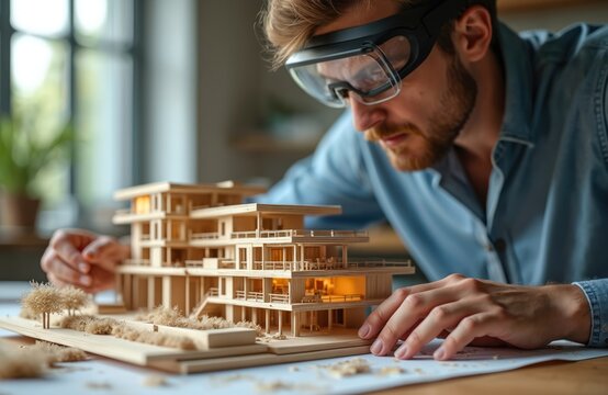 Architect wearing futuristic vr glasses designs wooden house model. Constructor works on building plan. Man creates architectural project. Person develops construction layout. House design with - Powered by Adobe