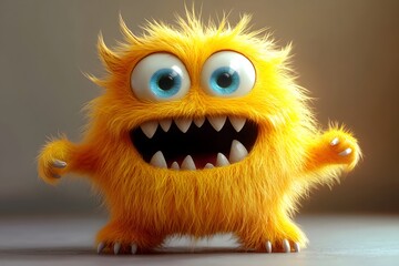 Fototapeta premium Fluffy Sunshine: Adorable Yellow Furry Monster 3D Cartoon Character