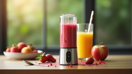 Portable Blender. Fresh red smoothie and orange juice in blender glass