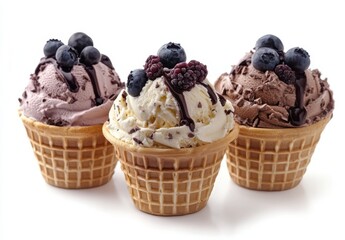 Delightful Ice Cream Cones with Variety of Flavors and Toppings Including Berries and Chocolate Drizzle Perfect for Summer Treats