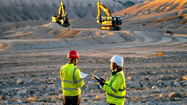 Engineers Supervising Excavation Site with Heavy Machinery. Construction professionals reviewing plans at a quarry site with excavators in the background.
