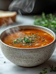 Steaming tomato soup with herbs in a ceramic bowl.