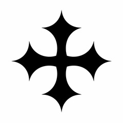 A bold black Maltese cross with four symmetrical arms, creating a balanced yet striking geometric design. The cross is set against a plain white background 