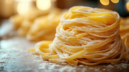 Closeup of uncooked homemade pasta on plate symbolizing tradition and craftsmanship fresh raw noodles represent organic ingredients texture highlights authentic Italian cuisine and homemade quality

