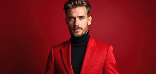 Obraz premium Portrait of stylish attractive confident man in red suit jacket on red background. 30 year old male with beard looks trendy. Elegance, photogenic appearance, modern fashion and lifestyle.
