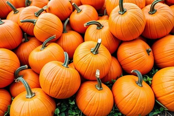 A Vibrant Pile of Fresh, Ripe Orange Pumpkins Gathered Together in an Abundant Harvest Display, Perfect for Autumn Seasonal Decor and Festivities