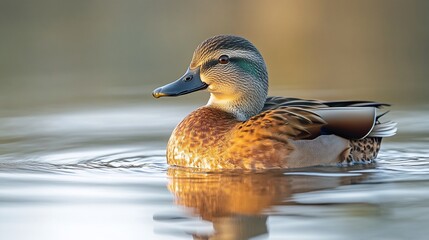 Charming Whistling Duck floating on a calm pond its warm brown feathers glowing in the soft morning light a gentle ripple trailing behind it