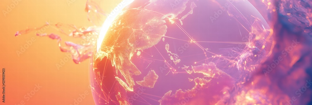 Aufkleber digital globe illuminated by connections and light effects against a vibrant orange and purple backg