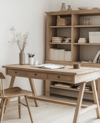 Minimalist Home Office with Light Beige Wooden Desk and Rustic Bookcase