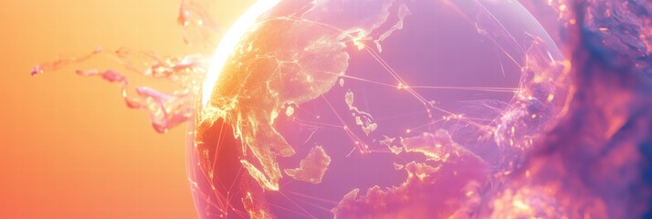 Digital globe illuminated by connections and light effects against a vibrant orange and purple background. Generative AI
