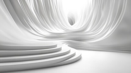 An ethereal, curved staircase crafted from overlapping layers of delicate white fabric cascades gracefully, with each tier gently receding into soft shadows and light interplay