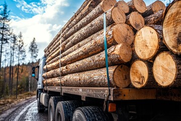 A large truck transporting freshly cut logs from a sustainable forestry site. The neatly stacked logs are secured with heavy straps.