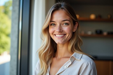 Obraz premium Portrait of a Smiling Young Woman with Long Blonde Hair, Standing Indoors by a Window in a Modern Contemporary Setting