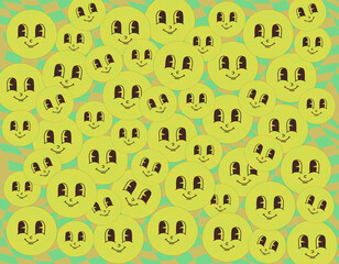 Retro pattern of yellow smiley emojis. Funky vintage background