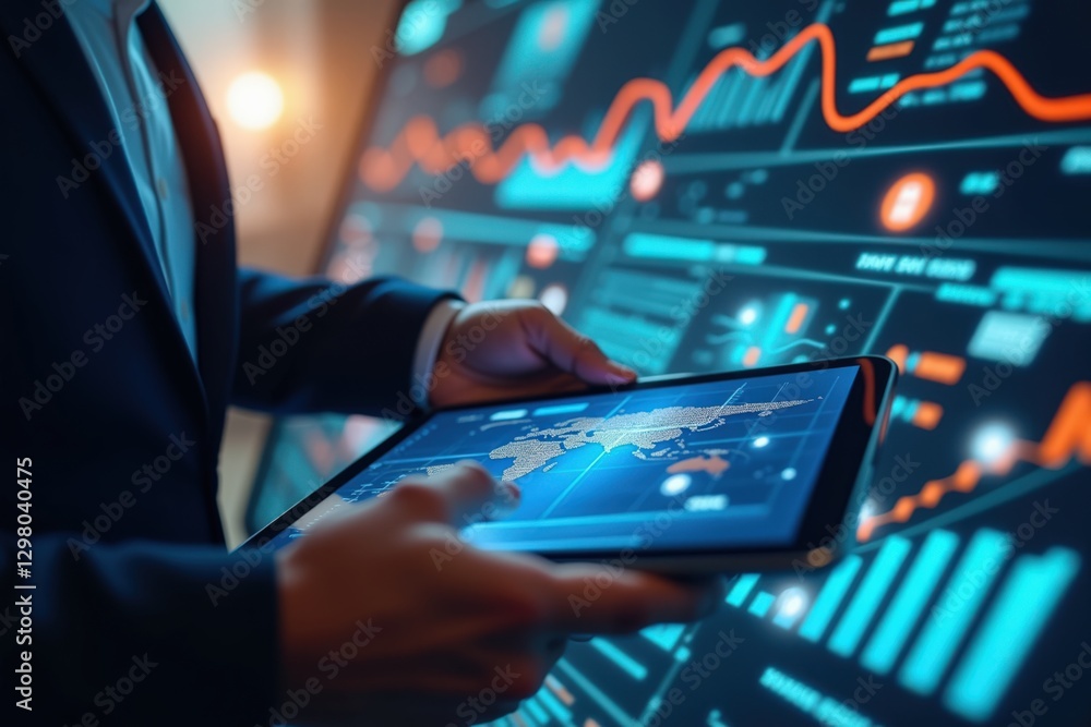 Poster a young adult male businessman analyzing data on a tablet in a futuristic office with graphs and ana