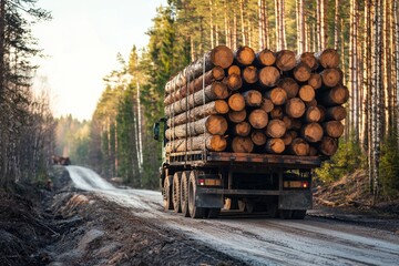 A large truck transporting freshly cut logs from a sustainable forestry site. The neatly stacked logs are secured with heavy straps.