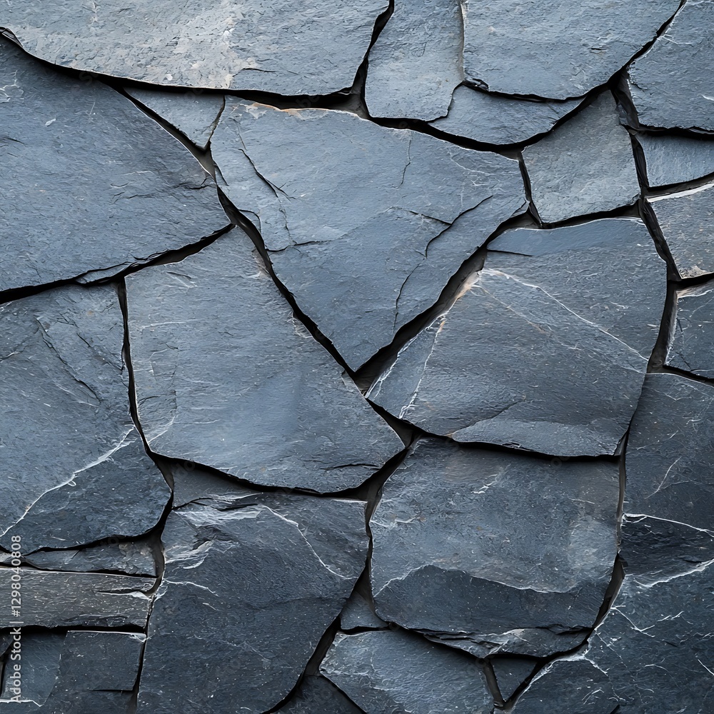 Poster a close-up view of an irregular arrangement of dark slate stones, showcasing their unique textures a
