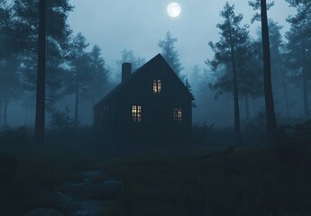 A haunted house in the foggy woods at night, with moonlight, creepy vibes, and spooky shadows