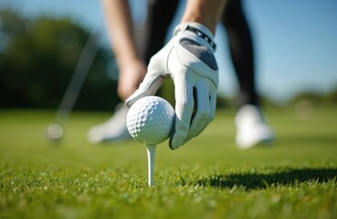 Golfer puts ball on tee. Man in glove prepares golf ball before hit on green grass golf course. Pro player playing golf. Golfing sport equipment. Training swing preparation.