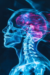 発光する脳と頭蓋骨のX線イメージによる科学的ビジュアル