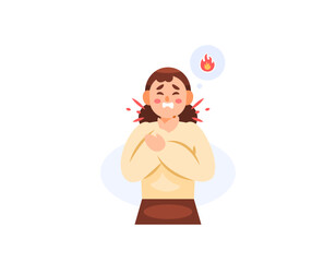 illustration of a woman who feels pain in her esophagus or throat. Heartburn. feeling pain and burning. gerd symptoms, inflammation. health problems. flat style character design. elements
