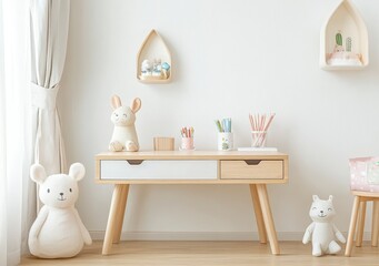 Pastel Nursery Room Interior Design with Wooden Furniture and Plush Toys