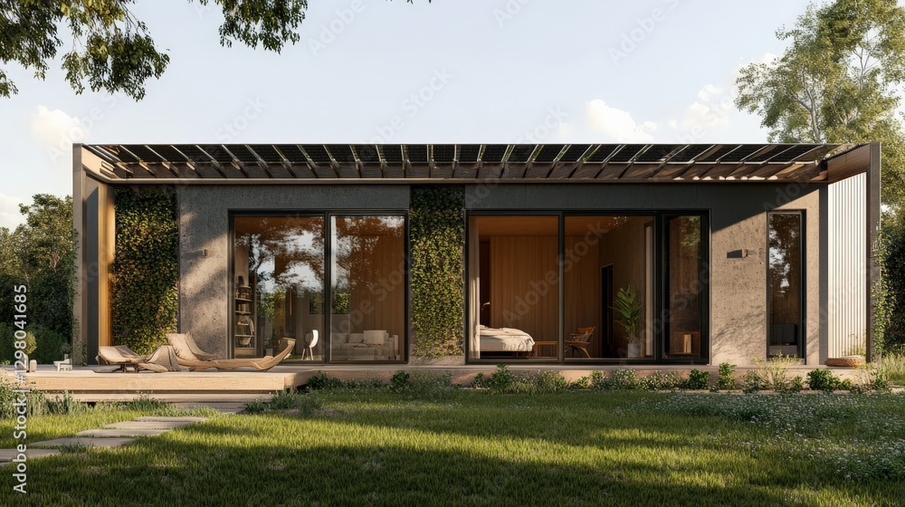 Aufkleber ai-controlled energy-efficient home with dynamic shading and passive cooling for an eco-conscious fa