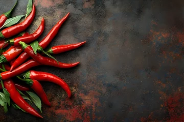 Vibrant red chili peppers and fresh green leaves on a rustic background