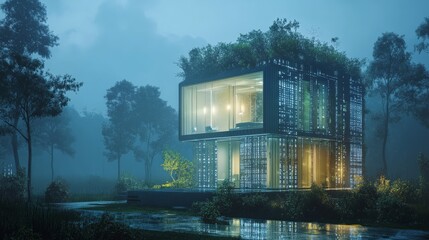 Obraz premium AI-driven autonomous energy-efficient home adapting to weather conditions for optimal sustainability