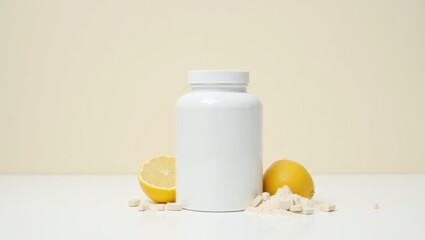 Sugar Free Electrolytes. White plastic supplement bottle with vitamin C tablets and fresh lemon halves beside it, health and wellness concept for nutrition, medicine, natural remedy, soft beige backg