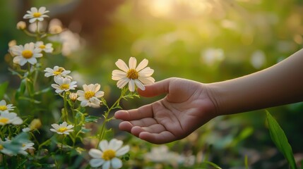 Child's Hand Reaching for Flower in Bloom During Sunlit Moment