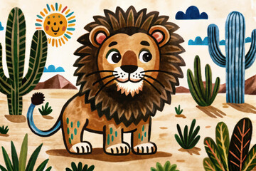 funny lion in savanna landscape abstract cartoon illustration