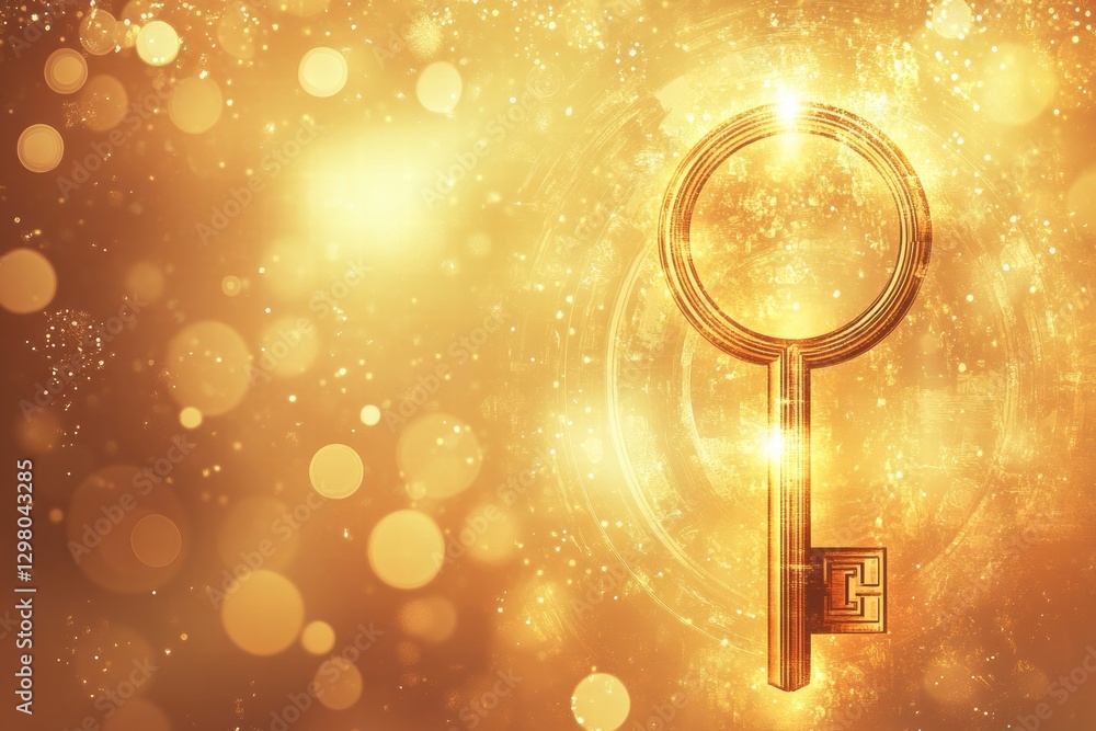 Poster golden key shining brightly against a blurred background filled with sparkles and glowing lights. ge