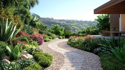 Obraz premium Winding Pathway Through Lush Garden, Mountain View