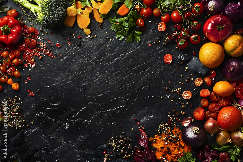 Poster vibrant array of fresh vegetables and spices on rustic stone background
