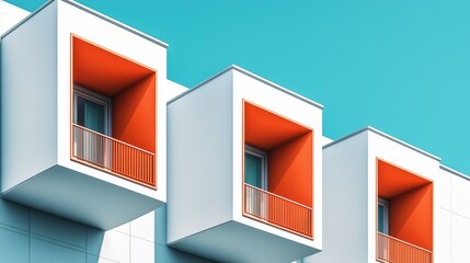 Modern architecture featuring bright orange balconies in a minimalist design against a clear blue sky