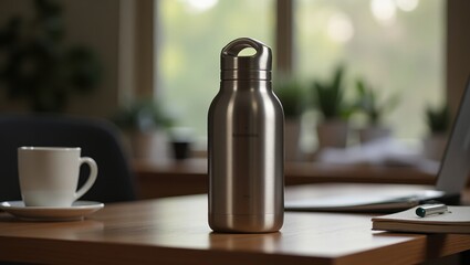 Vacuum Flask. Stainless steel water bottle with cup and laptop on wood